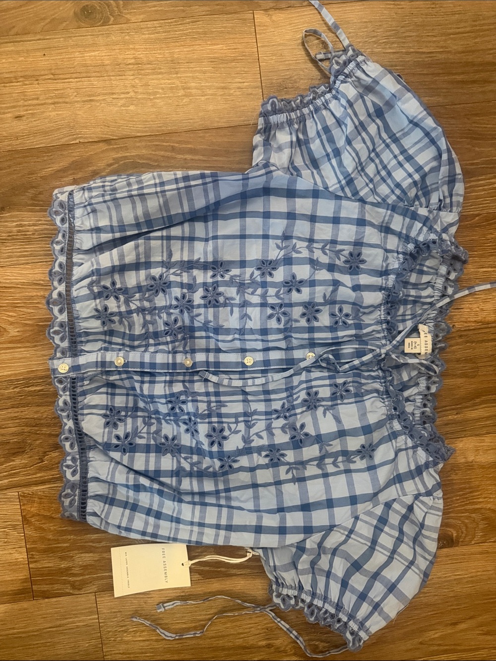 Light Blue Checked Button-Down Blouse with Floral Embroidery
